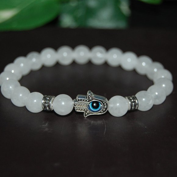 Hamsa Hand Bracelet,White Jade Bracelet,Hamsa White Jade Bracelet,8mm Be… - Picture 2 of 3